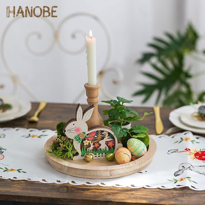 Hanobe Wood Decorative Tray:Set of 2 Round Unfinished Wooden Craft Trays DIY Ottoman Serving Tray Centerpiece Candle Holder Trays for Kitchen Countertop Crafts Art Home Decor Montessori Activity