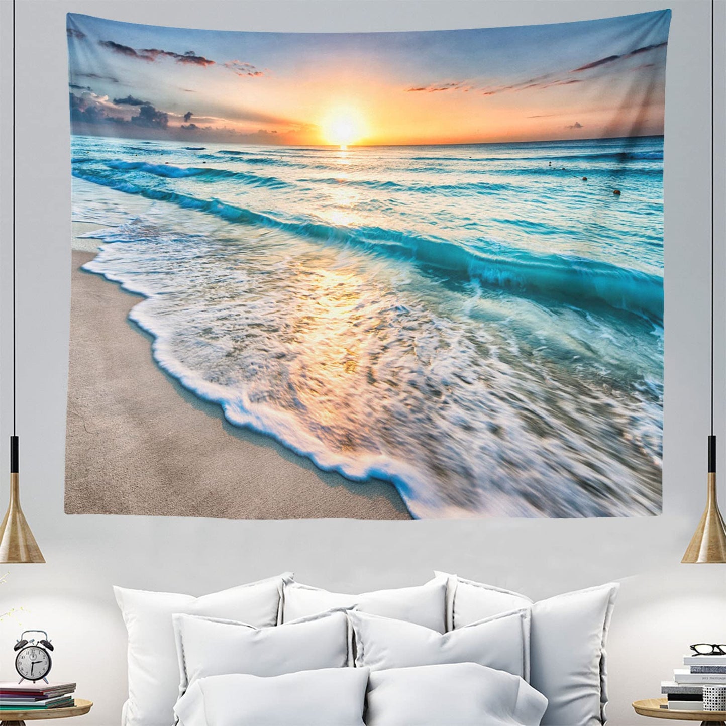 IcosaMro Beach Tapestry Wall Hanging, Ocean Sunset Sea Beach Wave Landscape Scenery Nature Wall Decorations Bohemian Home Decor for Bedroom, Dorm, College, Living Room, 51x60, Blue