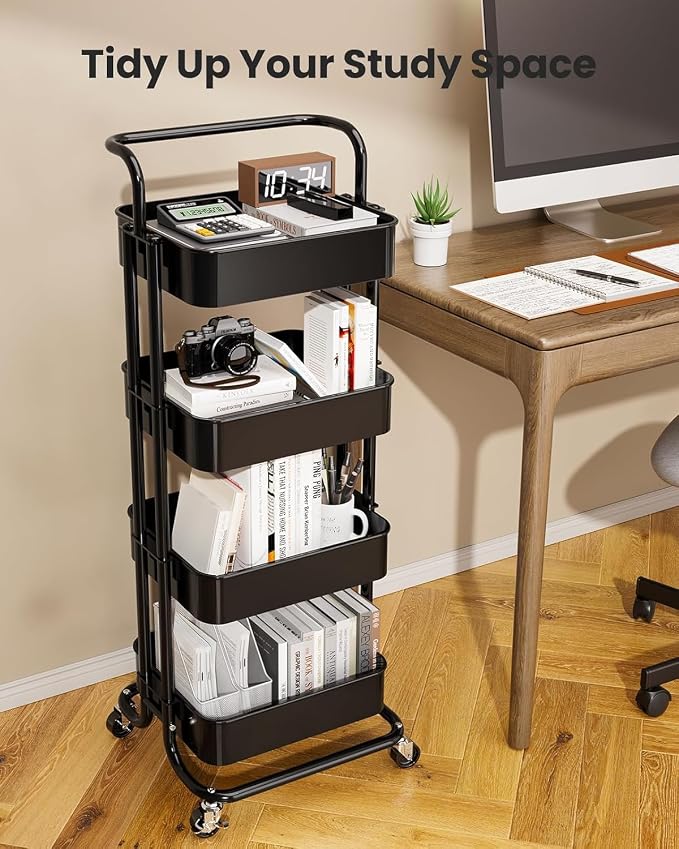 Pipishell 4 Tier Mesh Utility Cart, Rolling Metal Organization Cart with Handle and Lockable Wheels, Multifunctional Storage Shelves for Kitchen Living Room Office White, PIUC12B