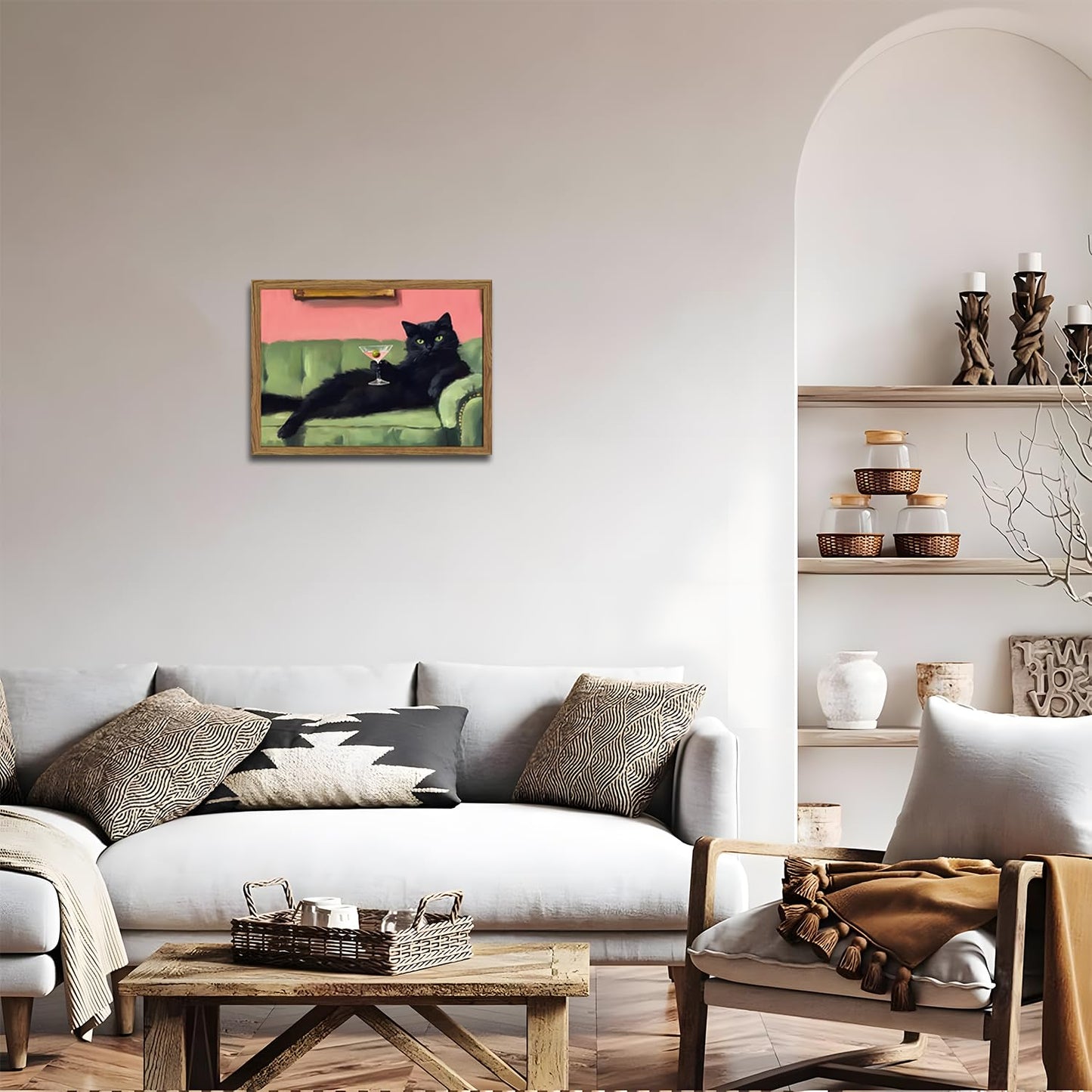 Funny Black Cat Martini Wall Art, Bar Cart Decor, Eclectic Cocktail Painting Canvas Print, Cute Animal Artwork Picture for Bedroom Living Room Kitchen 12x16 inch Wood Framed