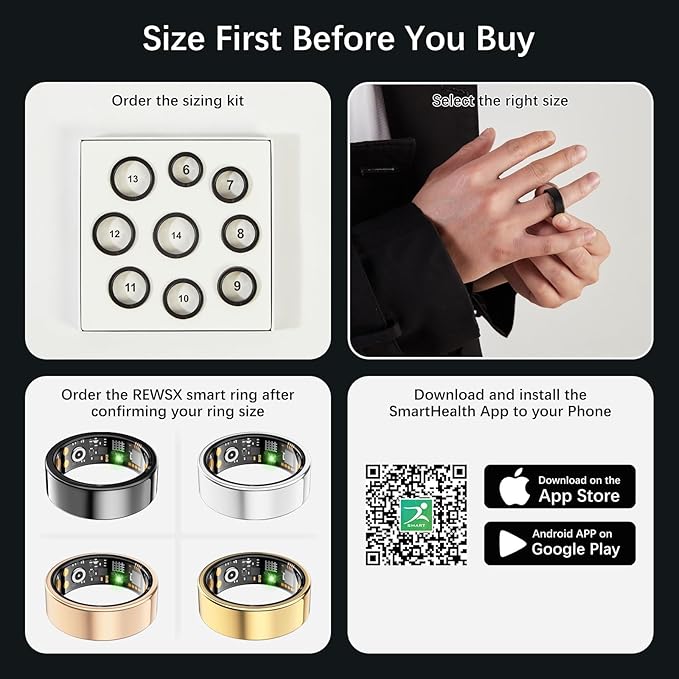 Smart Health Ring for Women Men, Fitness Tracker Ring with Heart Rate, Blood Oxygen, Sleep Tracker, Step Tracker, No Subscription Fee, IP68 Waterproof Smart Ring for iPhone & Android (Silver, 6#)