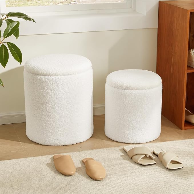 Royal Windsor Boucle Round Ottoman with Storage Set of 2,Small Foot Stool Ottoman for Living Room, Small Coffee Table,Vanity Stool with Storage for Bedroom, White