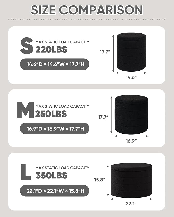 PINPLUS Round Storage Ottoman Foot Rest Stool with Tray Velvet Sherpa Folding Storage Ottoman,Boucle Foot Rest for Living Room, Bedroom, Dorm,Black Color