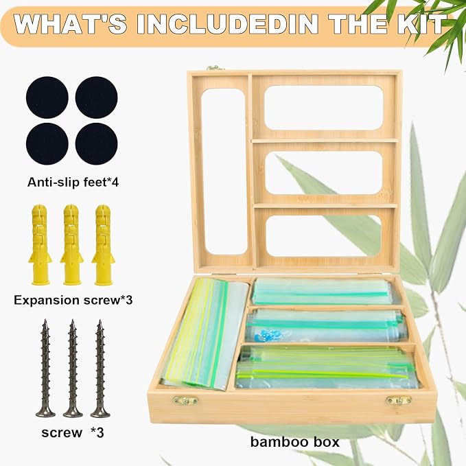 Bamboo Food Bag Organizer for Kitchen Drawer, a bamboo 4 slots - made dispenser container for plastic bags.Suitable for Gallon Quart Sandwich & Snack Variety Size Bag