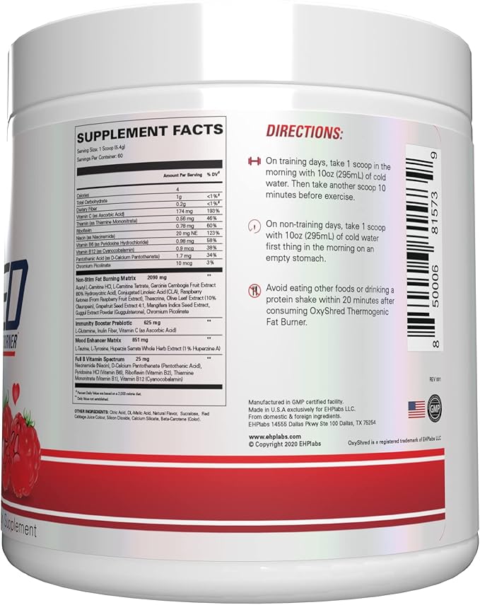 EHP Labs OxyShred Non Stimulant Pre Workout Powder - Stim Free, Caffeine Free Preworkout for Men & Women - Non Stim Preworkout - Sugar Free Energy Powder - Raspberry, 60 Servings