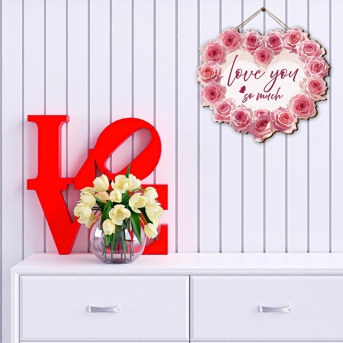 VGICH Romantic Wall Decor Love You So Much Heart - Pink Wooden Sign for Home, Office, Farmhouse and Bedroom 13.7x10.2 Inches