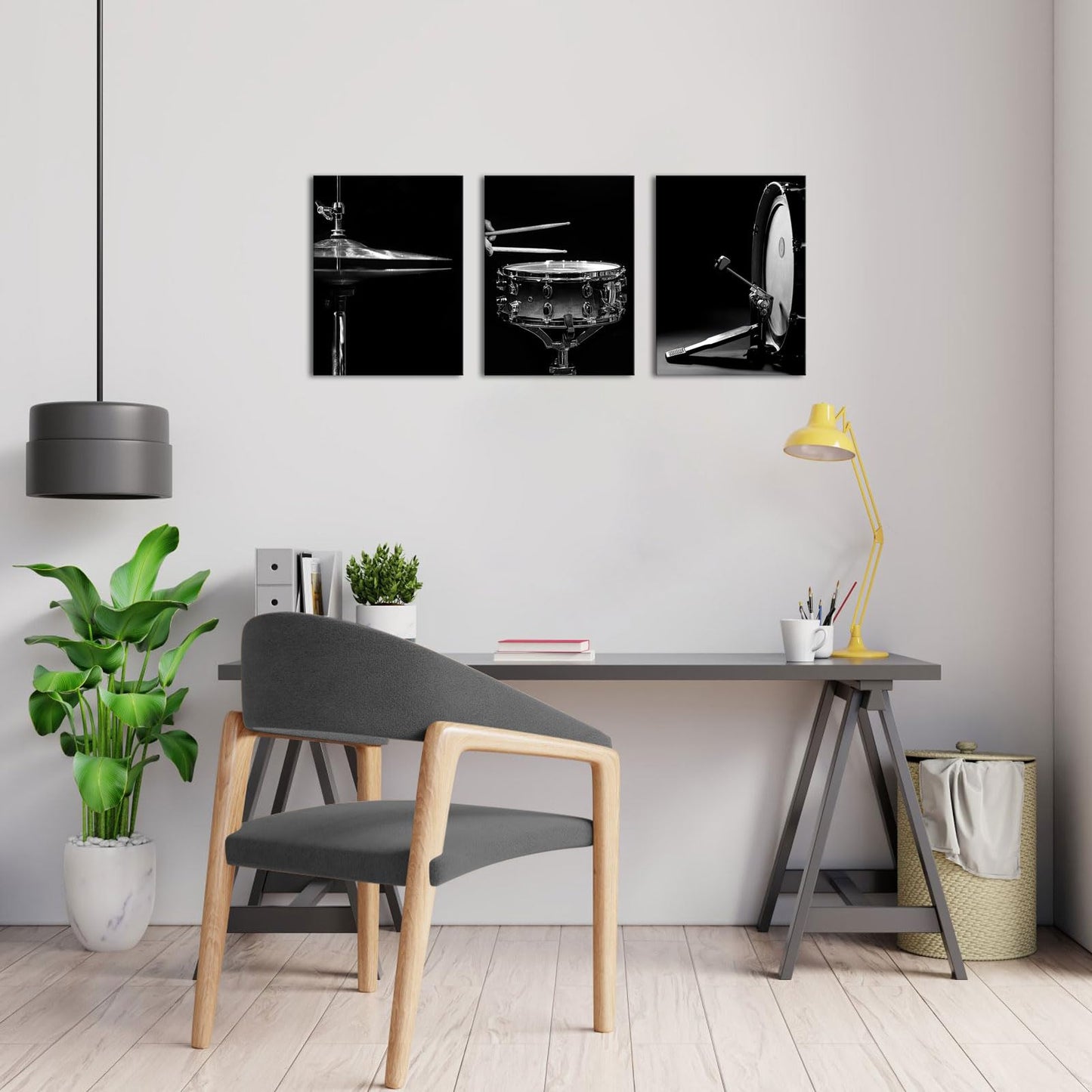 Canvbay Music Canvas Wall Art Black and White Jazz Drum Kit Print Poster Musical Instrument Pictures Modern Home Decor for Rock Studio Music Room 12x16inchx3Pcs