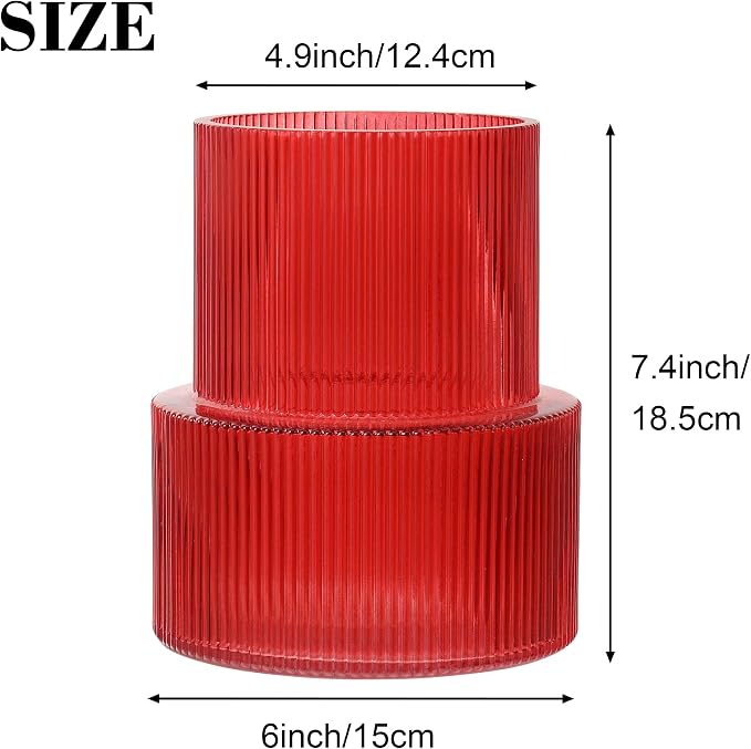 Ribbed Glass Vase, Flower Vase, Fluted Red Vases for Flowers, Modern Vases for Living Room, Dining Table, Entryway, Shelf, Wedding, Office, Coffee Table, Birthday, 7.5 Inches