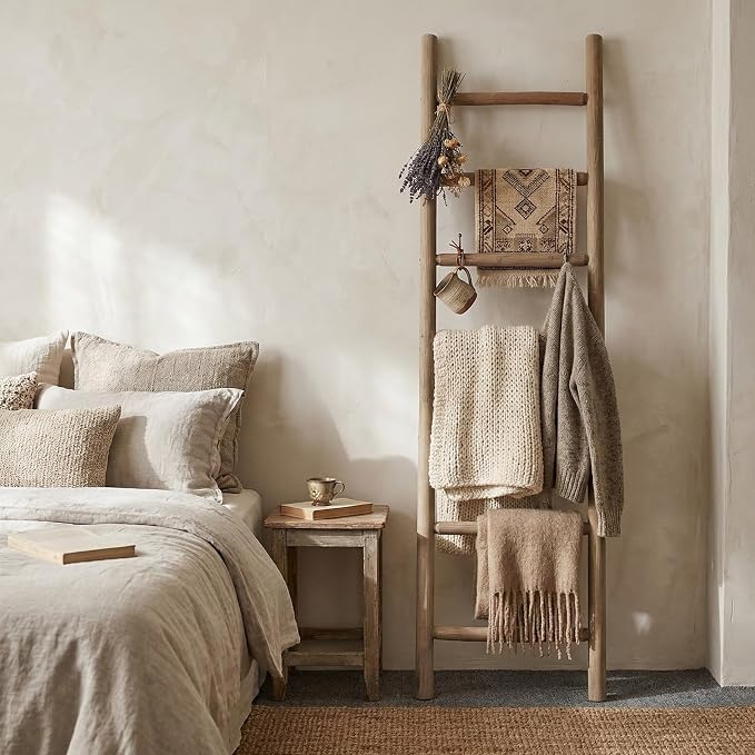 Wooden Blanket Ladder - 76in Natural Wood Color- Leaning Wall Decor for Bedroom, Bathroom, Living Room - Rustic Quilt Holder (Natural Wood Color (Knock Down), 76in | Knock Down)