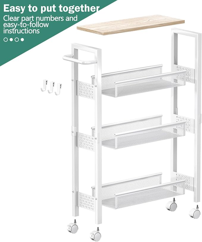 Vivihomety Utility Slim Storage Cart, 4 Tier Small Rolling Kitchen Laundry Room Cart with Wood Top, Metal Bathroom Storage Cabinet Mobile Shelf Unit Organizer Trolley with Handle for Narrow Space
