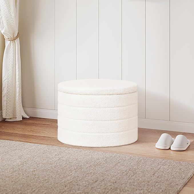 PINPLUS Round Ottoman with Stroage, Boucle Storage, Foot Stool Foldable Coffee Table Ottoman for Living Room, Bedroom, Dorm (White)