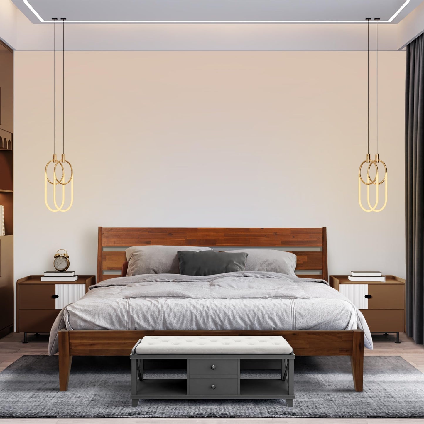 Acacia Emery Bed Frame with Headboard Solid Wood Platform Bed, King Size Bed Frame, Mid - Century Modern Wood Bed Compatible with All Mattresses, Easy Assembly, Non-Slip, Chocolate.