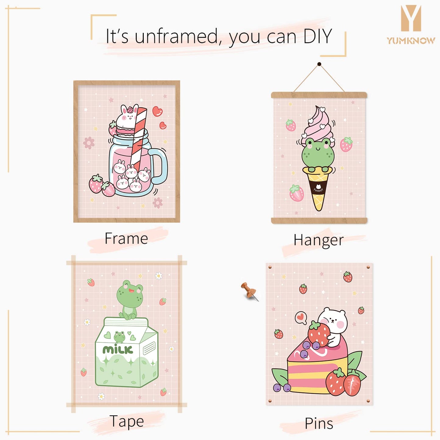 Kawaii Japanese Anime Wall Decor for Dining Room - Pink Cute Kitchen Room Decor - Aesthetic Rabbit Frog Strawberry Poster Print for Teen Girl Bedroom Wall Art - Kids Nursery Gifts - Apartment Pictures