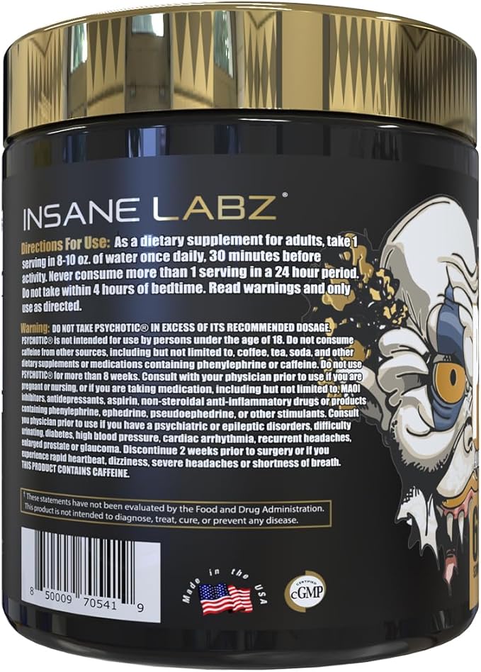 Insane Labz Psychotic Gold, High Stimulant Pre Workout Powder, Extreme Lasting Energy, Pumps and Endurance with Beta Alanine, DMAE Bitartrate, NO Booster (60 Servings, Grape)