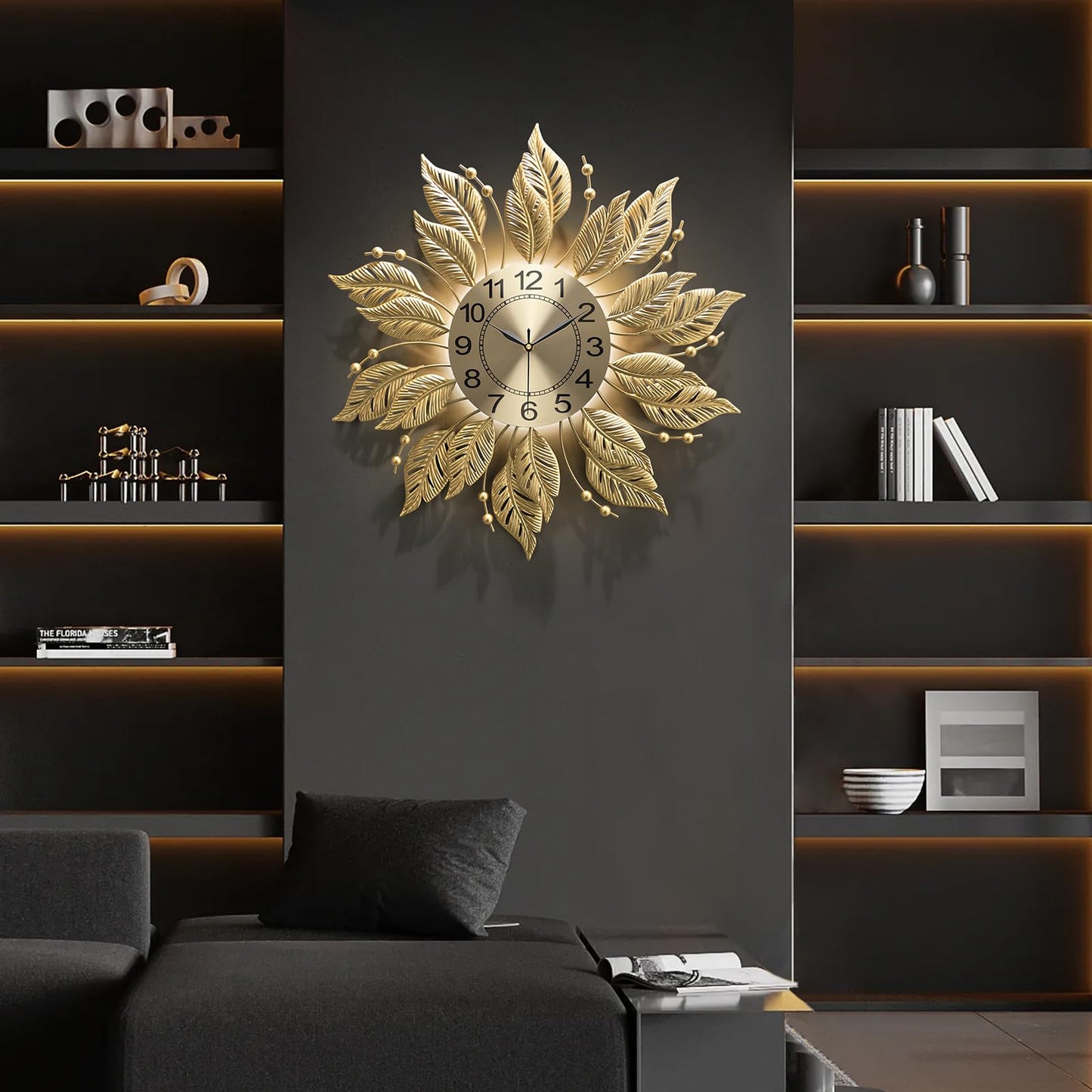 FIXNEO Gold Wall Clock Sunburst,23 Inch Mid Century Decorative Modern Wall Clocks Battery Operated Sunburst Large Handmade Home Art Decor for Living Room,Corridor,Staircase,Kitchen&Thoughtful Gift