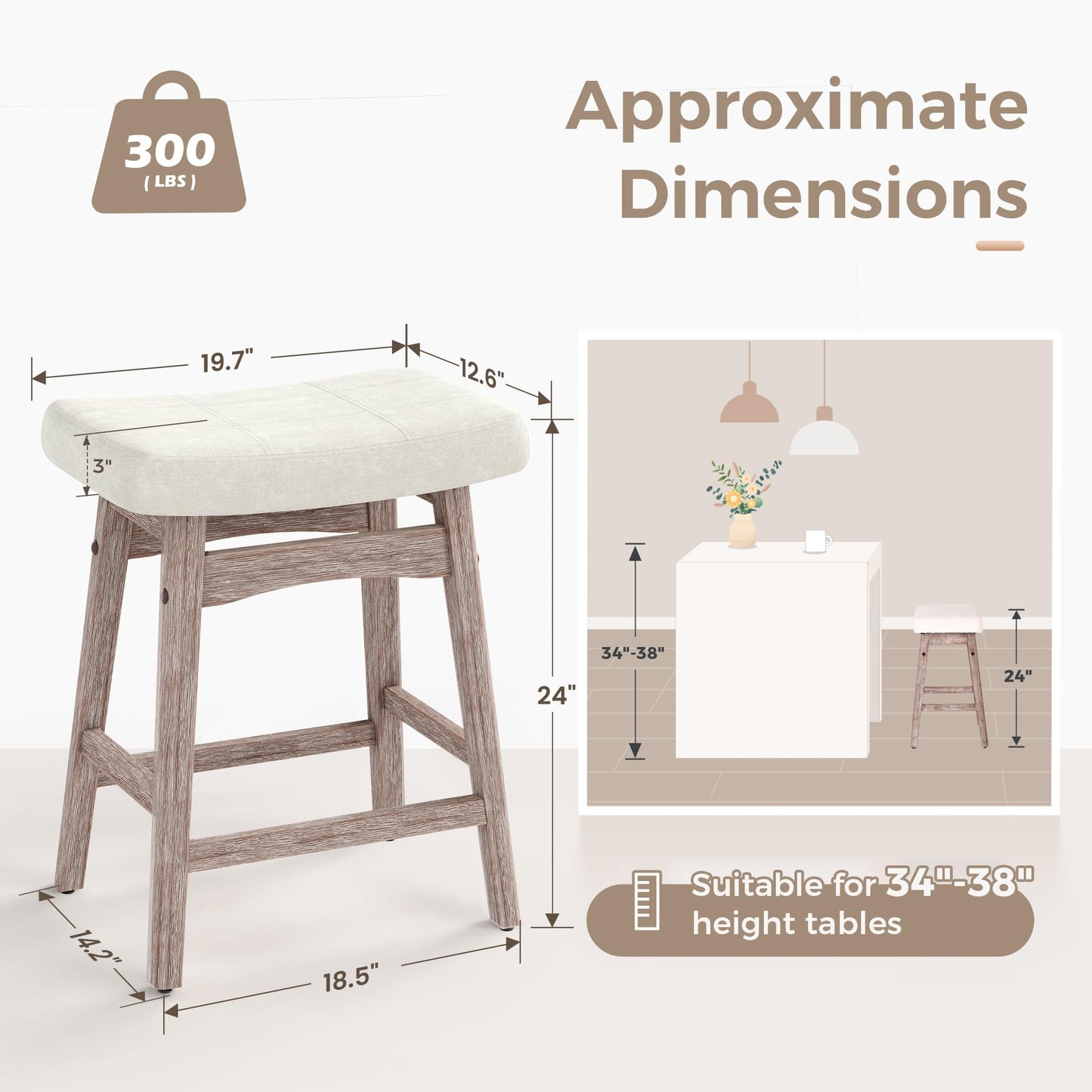 MAISON ARTS Counter Height Bar Stools Set of 4 for Kitchen Counter Solid Wood Legs with Fabric Saddle Seat Farmhouse Barstools for 34"-38" Counter Island Upholstered Stools, 24in, Creamy White