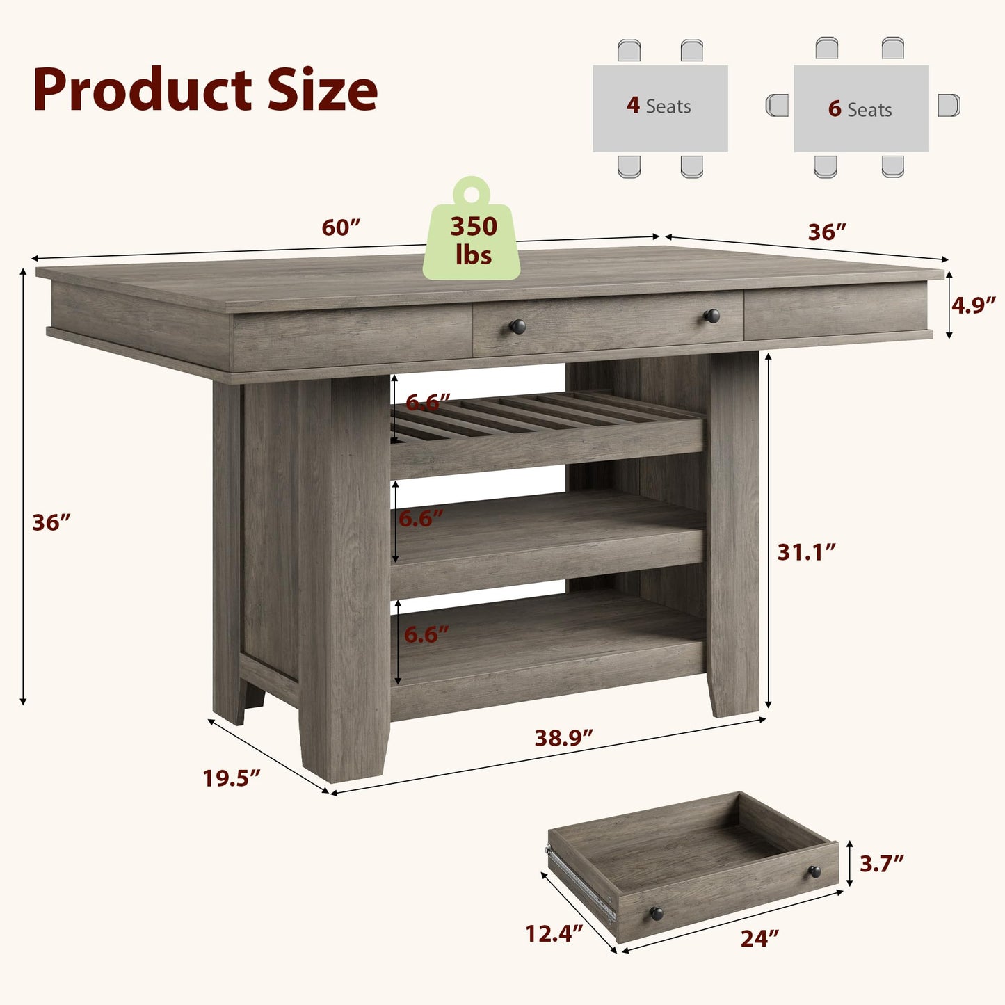Garvee Counter Height Dining Table with 2 Drawers, 36" Farmhouse Wooden Large Bar Kitchen Table with Wine Rack & 3 Shelves, Rectangular, Thick Frame for Kitchen, Bar & Entertaining, Retro Gray