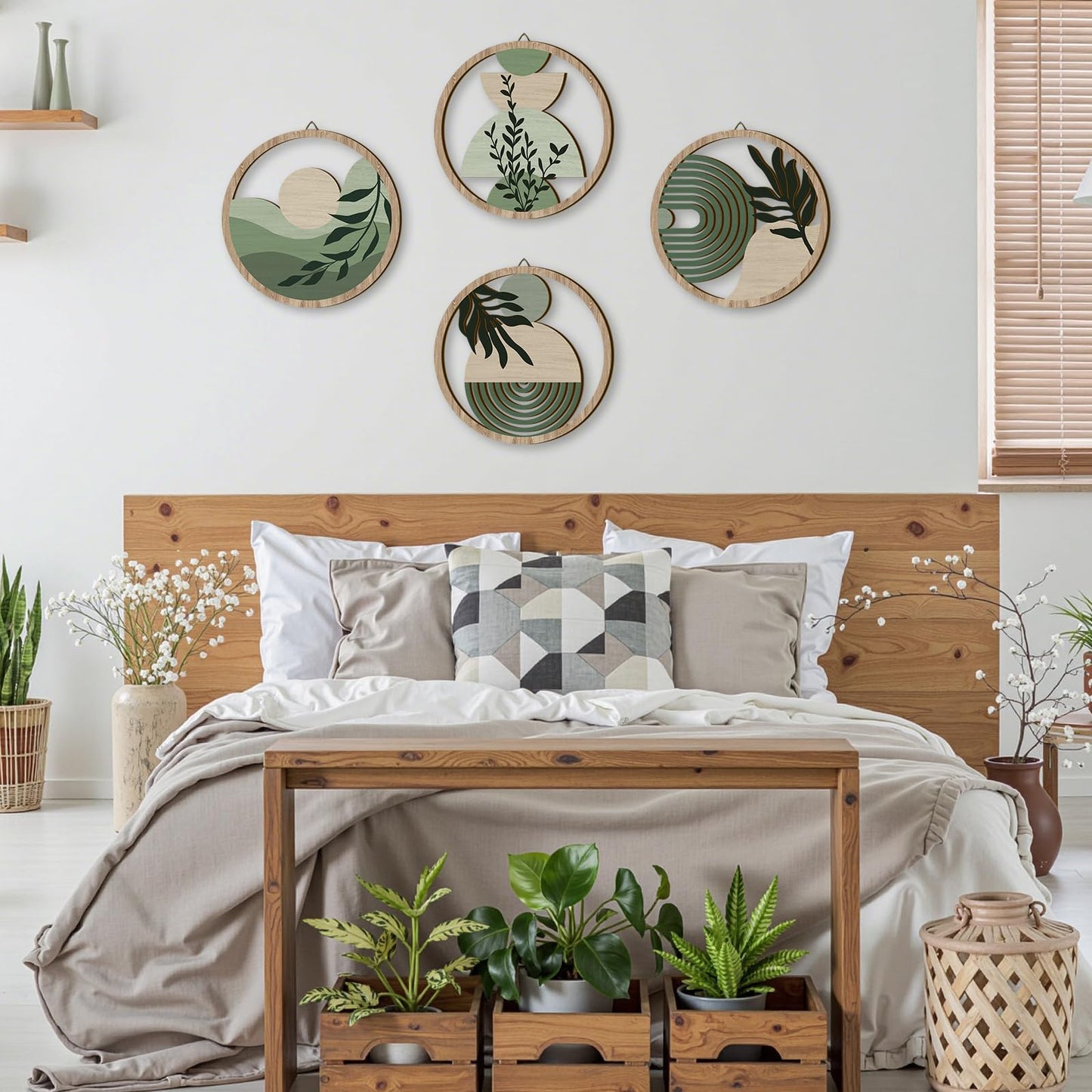TOARTi 4 Pieces Green Botanical Wooden Wall Art Bohemian Hanging Art Farmhouse Geometric Wooden Wall Decor Aesthetic Tropical Plant Artwork Boho Minimalist Wall Decor for Bedroom Living Room