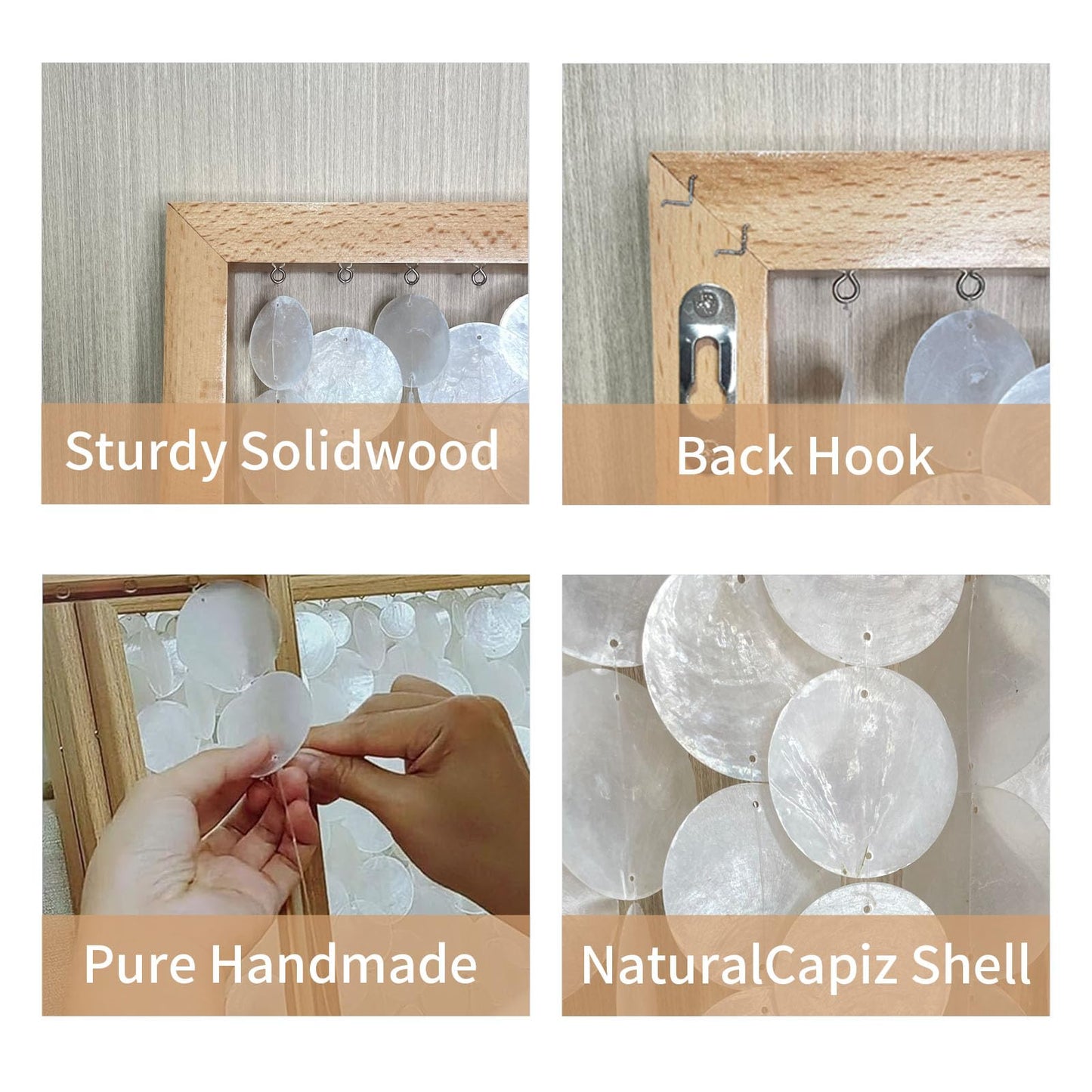 Vechor Handmade 24"x15.7" Capiz Shell Wall Art, Coastal Beach Décor,Solid Wood Frame, Natural White Seashell Hanging for Living Room, Bedroom, Office