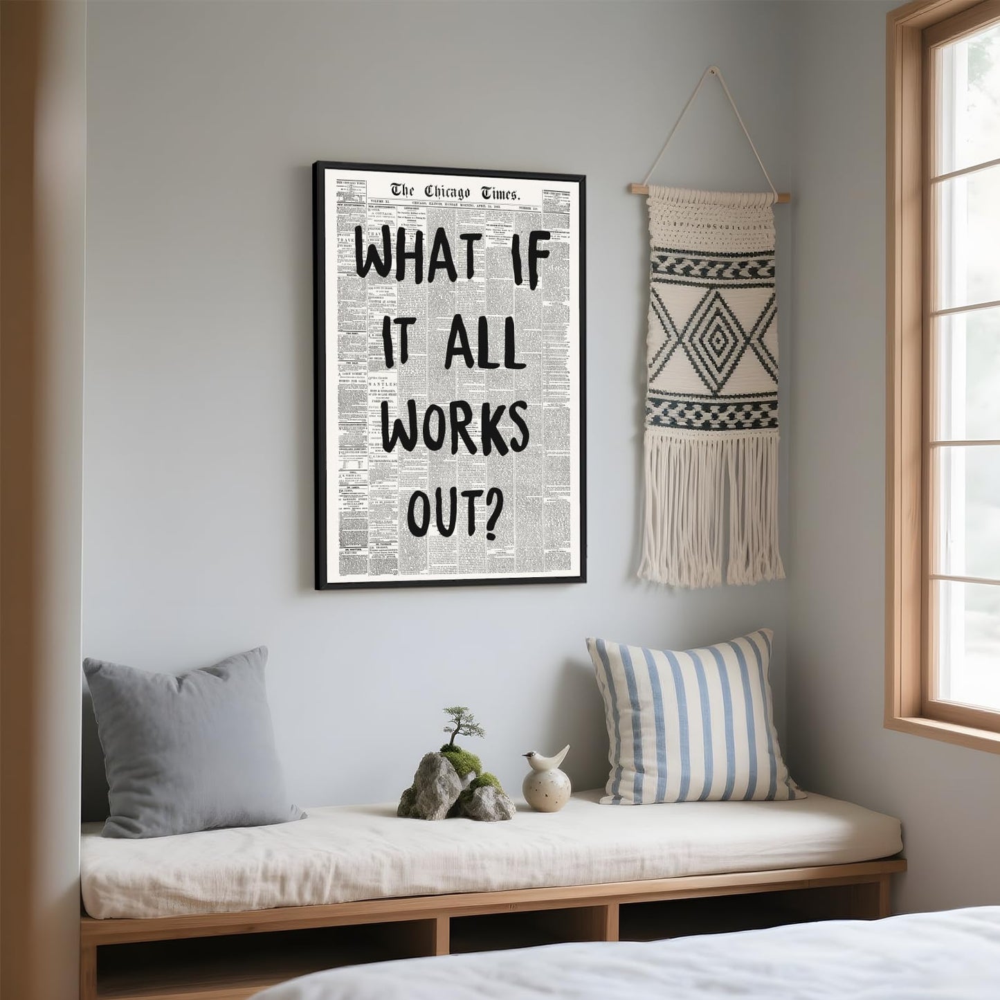Framed What If It All Works Out Wall Art Black and White Retro Newspaper Poster Positive Motivational Canvas Print Painting Inspirational Quote Picture Wall Decor for Office Home Bedroom 12x16inch
