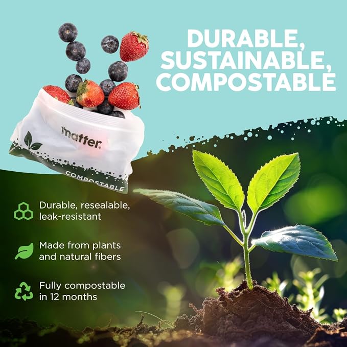 Matter Compostable Assorted Kitchen Bags, 230 Count, Biodegradable, Eco-Friendly Resealable Food Storage Variety Pack, 80 Snack, 80 Sandwich, 50 Quart & 20 Gallon