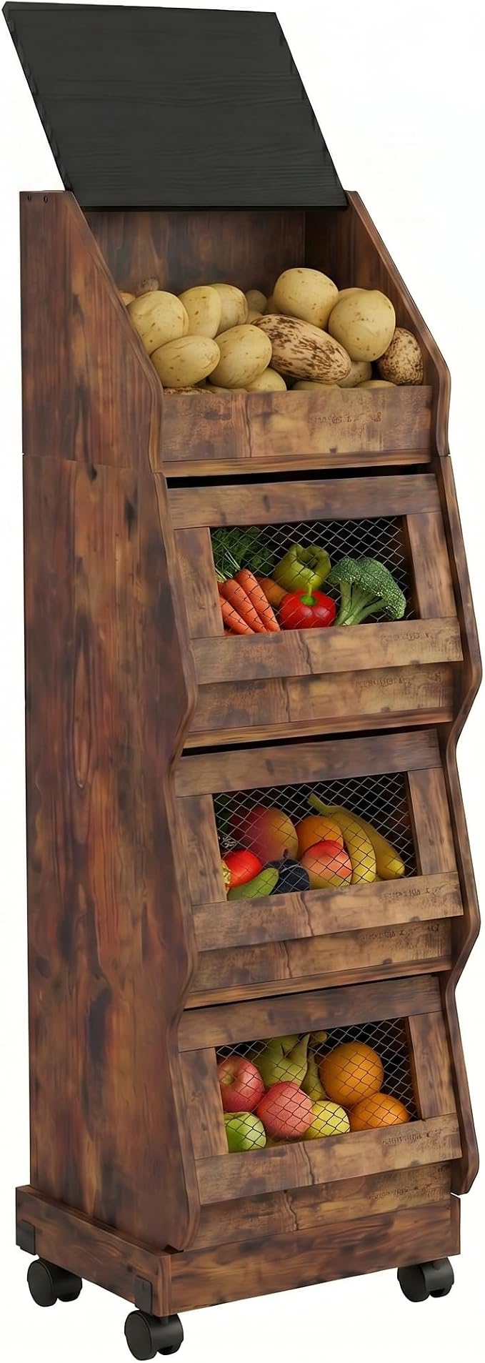 ARTETHYS Potato and Onion Storage Bin On Wheels, Movable 4 Tiers Freestanding Garlic and Onion Box Organizer, Bread and Vegetables Storage Cabinet Rack for Kitchen, Rustic