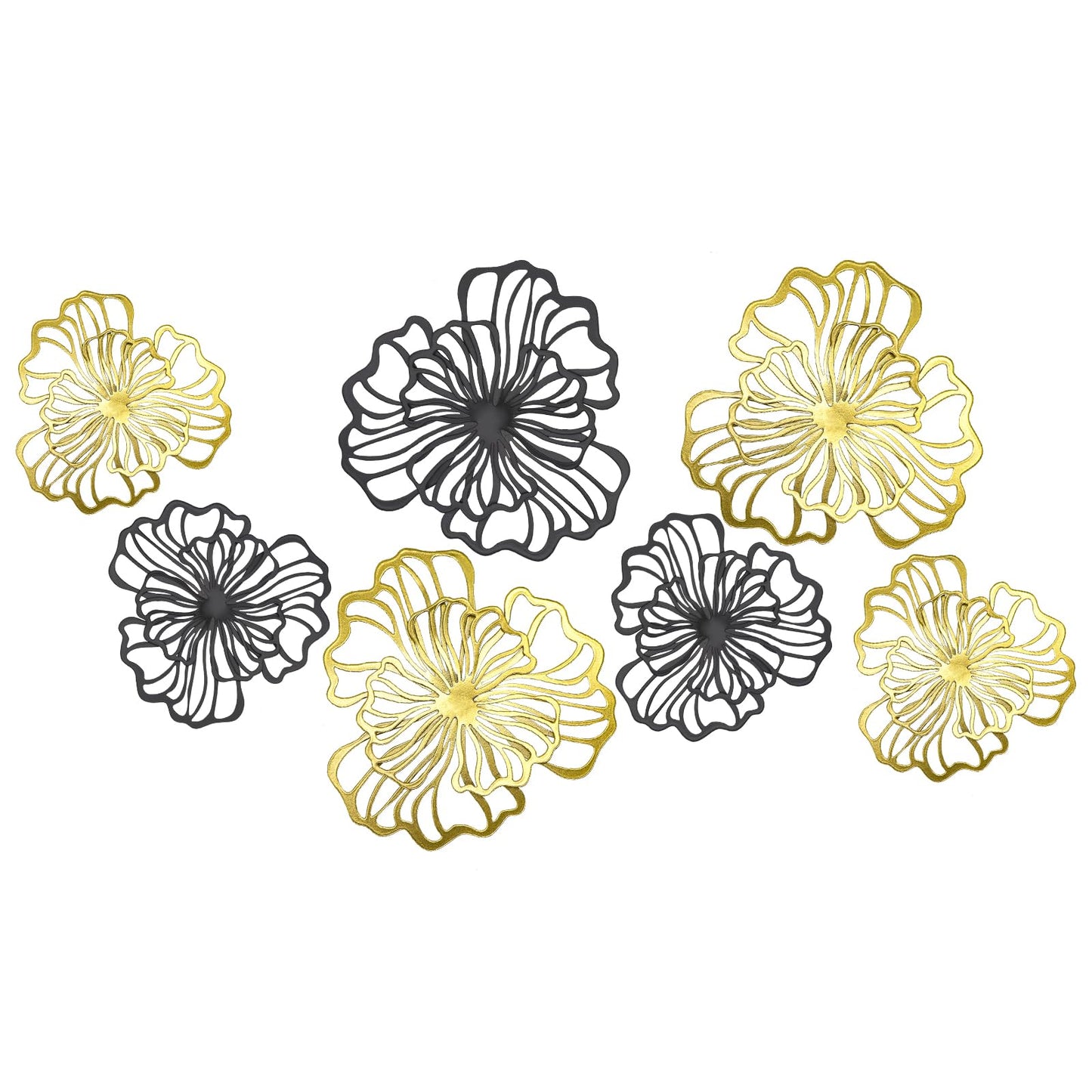 7 Piece Metal Wall Decor for Living Room, Boho Double Layered Iron Flower Wall Hanging Art, Aesthetic Indoor Metal Wall Sculpture Decor for Bedroom Kitchen Bathroom Farmhouse Home Office, Gold-Black
