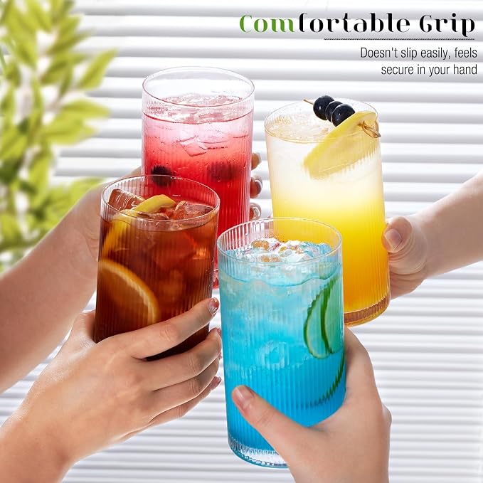 LUNA & MANTHA Drinking Water Glasses Set, Lead-Free Crystal Highball Glass, Tall Glass Cups for Cocktail Parties,ribbed set of 8,17oz&12oz