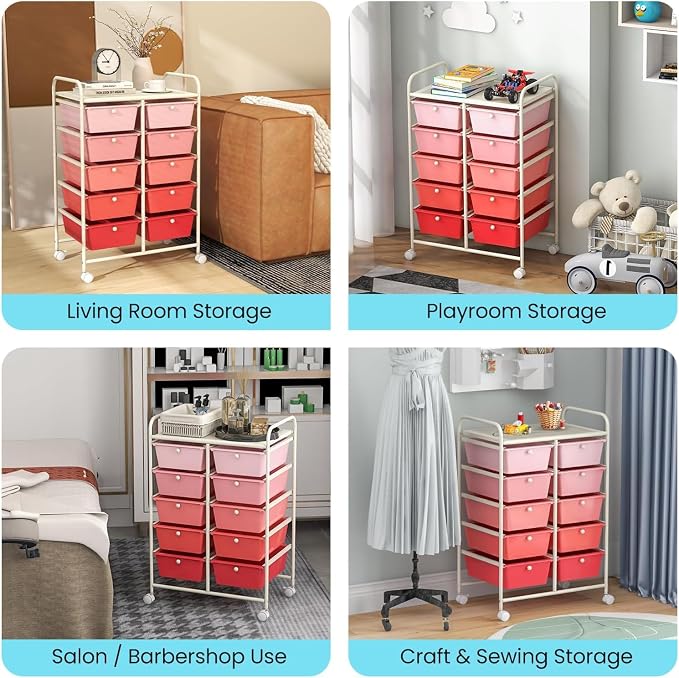 LDAILY 10 Drawer Rolling Cart, Storage Cart Organizer on Wheels, Drawer Cart with Metal Frame & Large Storage Capacity, Rolling Cart with Drawers for Living Room Classroom, Office