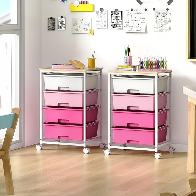 SYKIARIOL Utility-Rolling-Craft-Storage-Cart-Organizer with 4 Drawers and Wooden Tabletop, 4 Tier Drawer Cart for Home Office, Kid Room, Classroom Teacher, Dorm, Pink