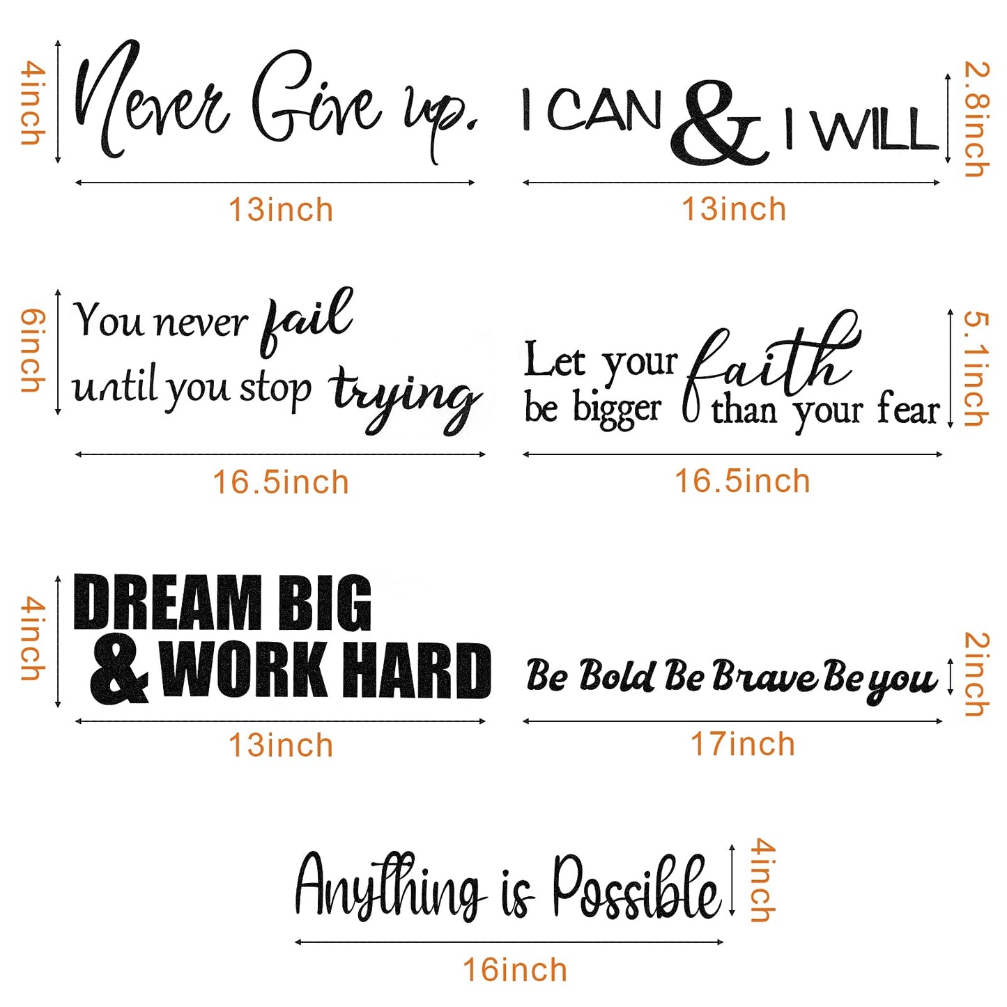 Zonon 5 Sheets Vinyl Wall Decals Peel and Stick Inspirational Quotes Decals Motivational Wall Stickers for Mirror Bedroom Living Room Office Bathroom(Never Give up)