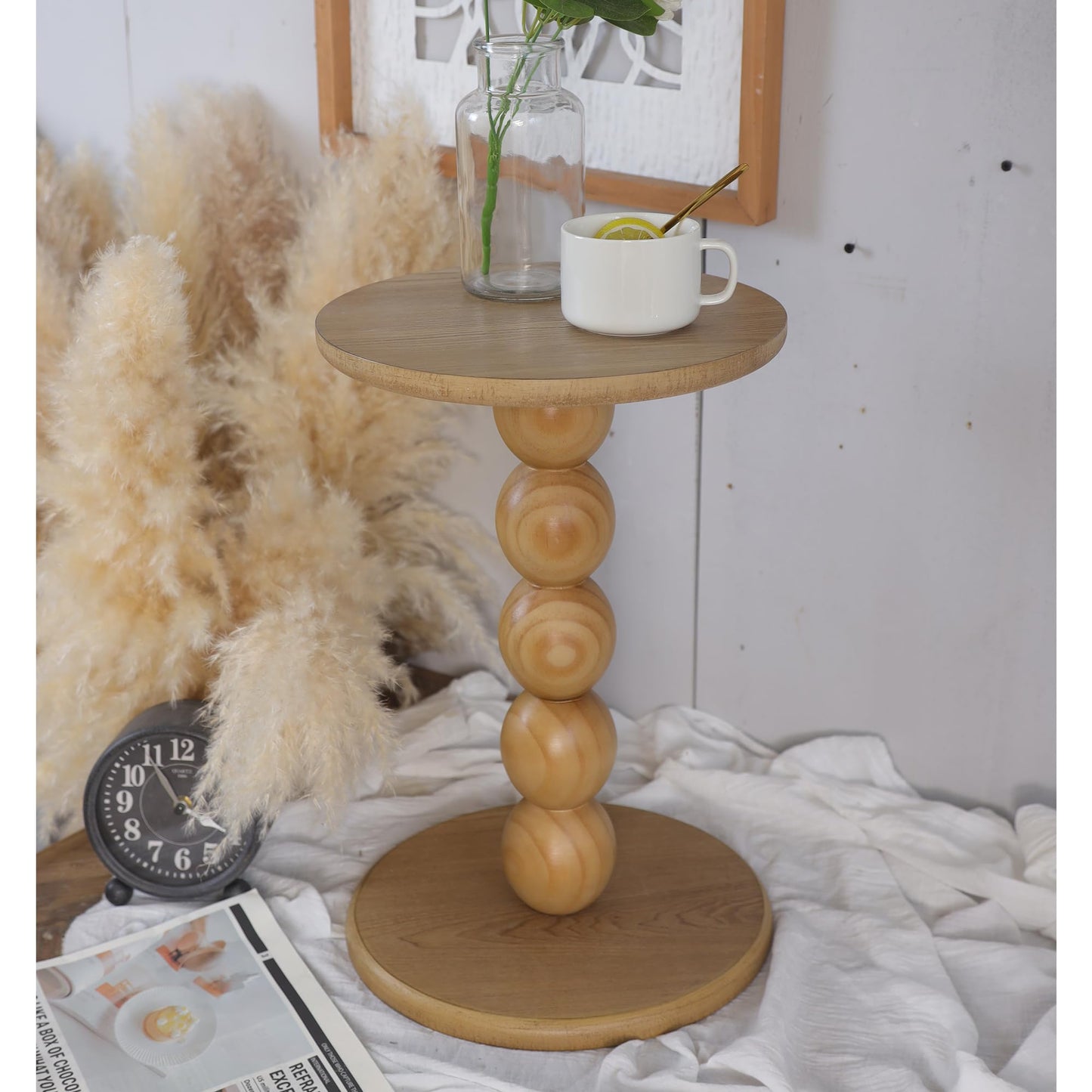 dwellington Small Round Wooden Side Table with Stacked Ball Pedestal Base, 12.4 X17.32 Accent Nightstand for Living Room, Bedroom, Corners (Natural)