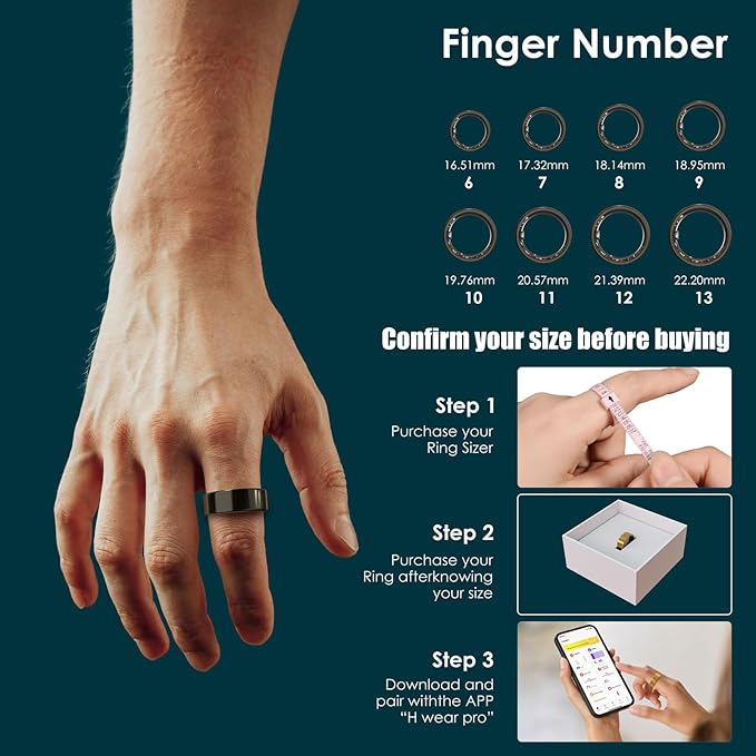 Smart Ring Health Monitoring 5ATM Waterproof Fitness Tracker with Glossy Titanium Surface Blood Oxygen/Sleep/Stress Tracking Women?™s Cycle Prediction Sport Ring Compatible with iOS/Android Black 11