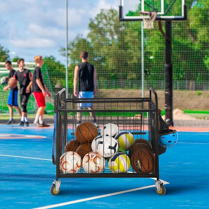 MyGift Large Capacity Metal Rolling Multi Sports Ball Cage Storage Hopper, Gym Equipment Basket Cart with Lockable Latch, Heavy Duty Caster Wheels, and 8 Accessory Hooks