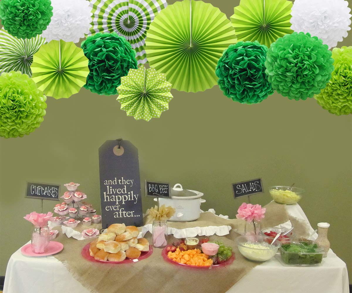 ADLKGG Green St Patricks Day Party Decorations, Hanging Round Paper Fans Pom Poms Flowers for Graduation Wedding Bridal Shower, Golf Themed Birthday, Fiesta Party Indoor Outdoor Accessories