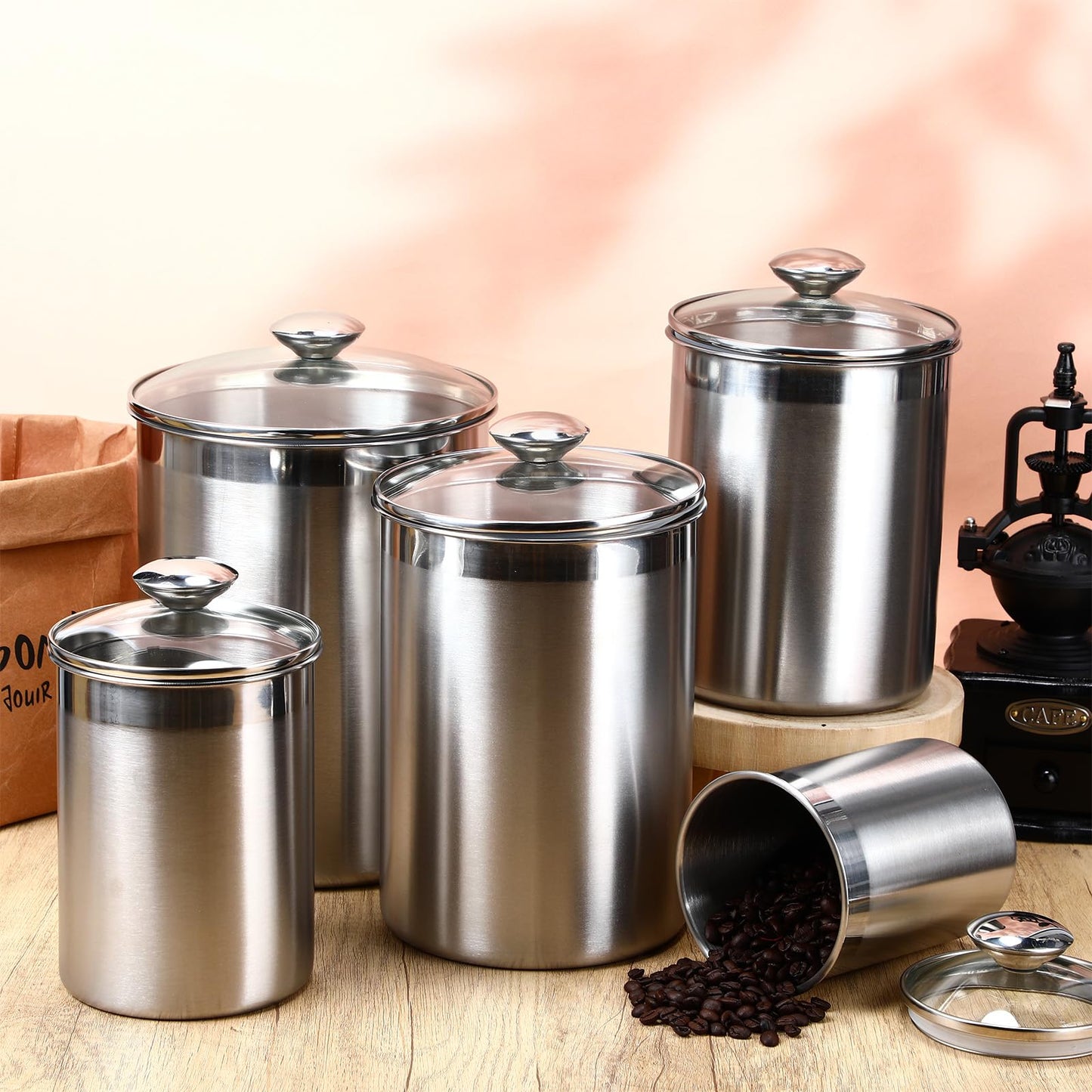 LemonRoad 5 Pcs Stainless Steel Canister with Glass Lids Airtight Food Jar Storage Canister Set (1.0qt / 1.8qt / 2.8qt / 3.9qt / 6.0qt) Food Grade Storage Containers for Kitchen (Silver)
