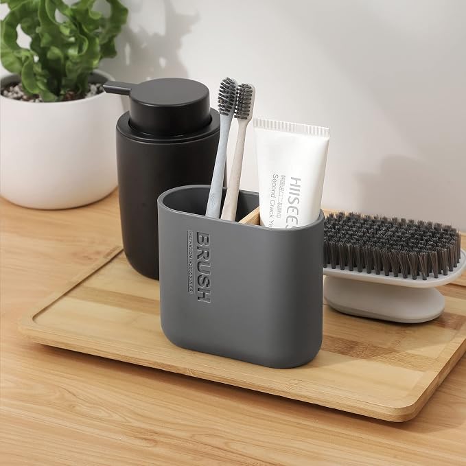 Toothbrush Holders Bamboo Electric Toothbrush Holder Bathroom Storage Organizer Countertop for Toothpaste, Floss, Razor, Grey