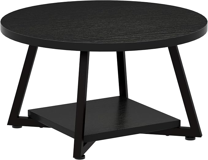 Round Coffee Table for Living Room, 27.6“ Circle Coffee Table, 2-Tier Industrial Coffee Tables with Storage, Wood Coffee Table, Modern Accent Table for Apartment, Office, Small Space, Black