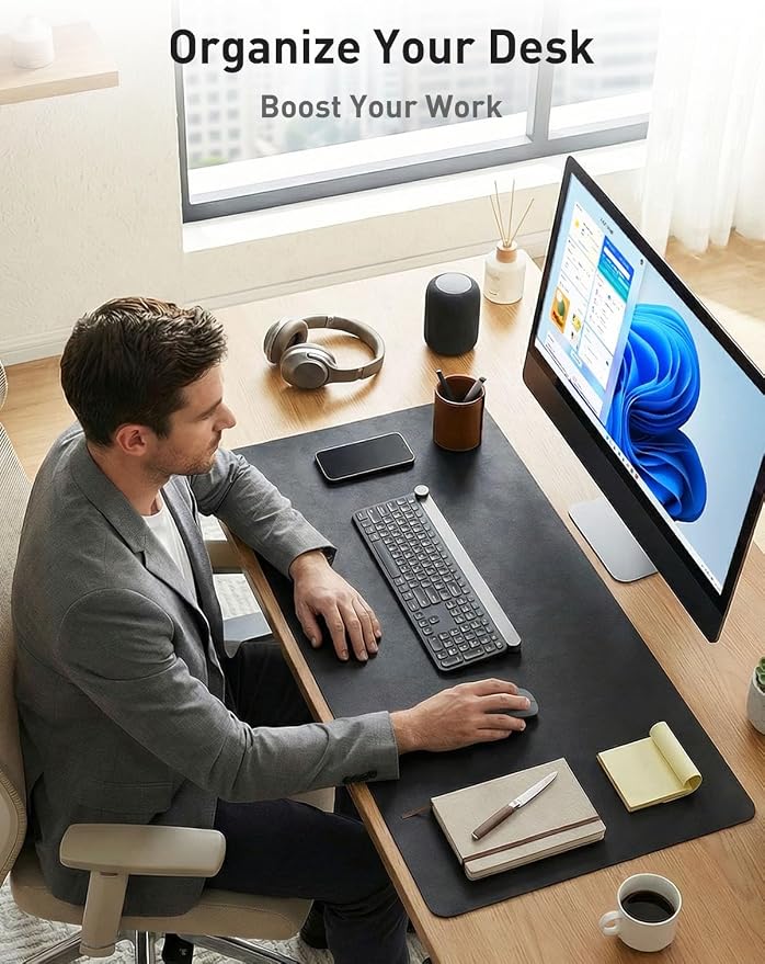Aothia Faux Leather Desk Mat - Non-Slip PU Leather Desk Blotter, Waterproof Writing Surface, Large Desk Pad for Office & Home (Black, 55" x 17")