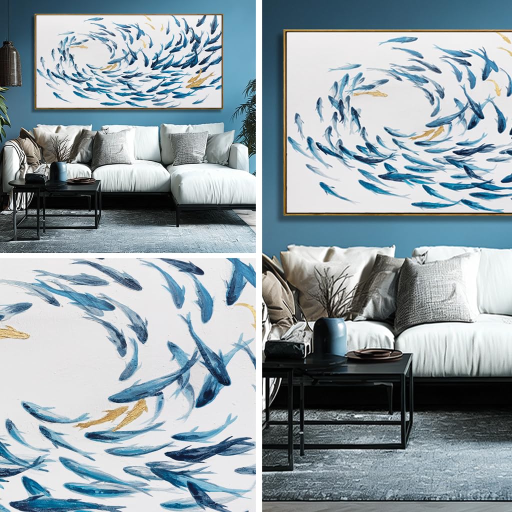 Canvas Wall Art Blue Fish Ocean Sea Framed Artwork Large Pictures Wall Decor Artwork Prints Poster Animal Arts 29"x58"for Living Room Office