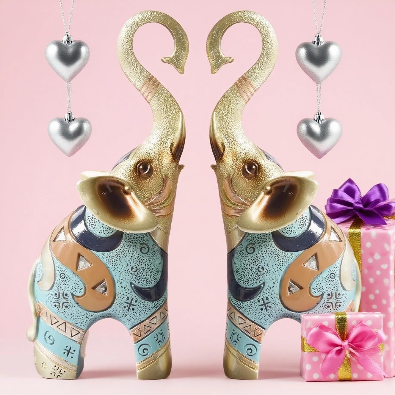 Aura7Mix Gold Elephant Statues Decor, 8.46 Inch Good Luck Home Decor Figurine, Resin Art Sculptures and Statues, Animal Gifts Home Tabletop Decoration, Living Room, Bathroom, Office,Bookshelf (2 Pack)