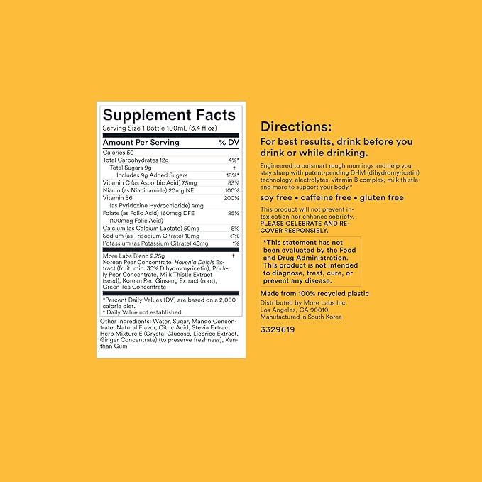 Morning Recovery Electrolyte, Milk Thistle Drink Proprietary Formulation to Hydrate While Drinking, Highly Soluble Liquid DHM, Non GMO, Vegan, Gluten-Free, Orange Mango, Pack of 6