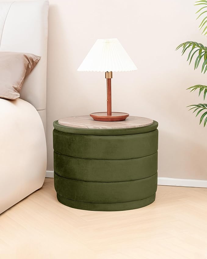 B FSOBEIIALEO Round Velvet Storage Ottoman with Tray, Folding Ottoman with Storage Coffee Table Foot Rest for Dorm Room, Living Room Olive, 22.83"x22.83"x17.32"