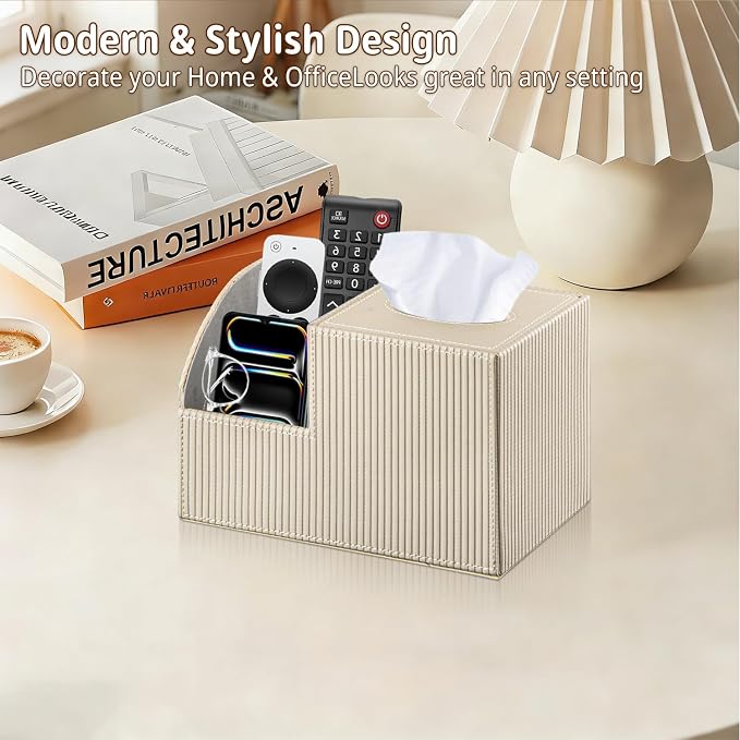 PU Leather Square Tissue Box Cover - Multi-Functional Tissue Box Holder, Tissue Box Cover with Storage,Tissue and Remote Control Holder, Cube Tissue Box Organizer Bedroom Nightstand End Table