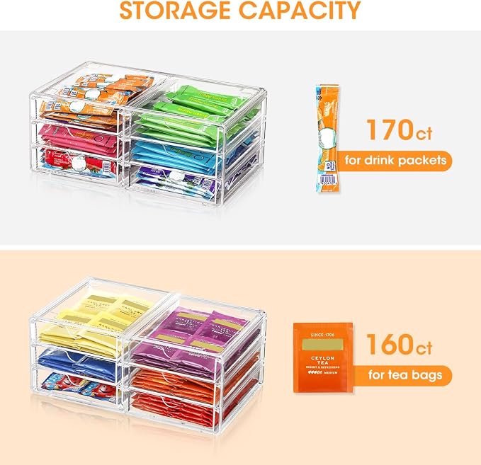 AIEVE Drink Packet Organizer, Stackable Storage Drawers for Tea Bag Organizer, Water Packet Holder with 6 Drawers Acrylic Bins for Kitchen Cabinets Pantry Office Organization