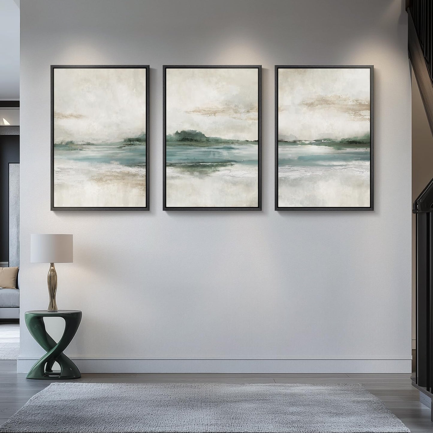 Large Framed Abstract Nature Landscape Wall Art for Living Room, Set of 3 Modern Canvas Prints Paintings Artwork for Walls, Green Lake Pictures for Hallway, Dining Room, Office Wall Decor 24x36 Inch
