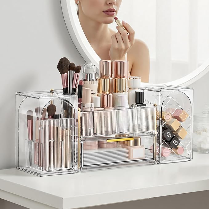 Modular Makeup Organizer, Clear Acrylic Cosmetic Storage Box with Drawer, Vanity Countertop Organizer for Makeup, Skincare and Beauty Accessories – Multiple Styles