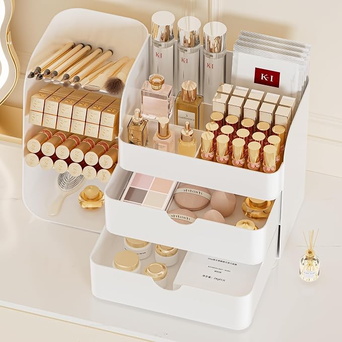 Makeup Organizer with Drawers, Large Capacity Countertop Organizer for Vanity, Bathroom and Bedroom Desk Cosmetics Organizer, Easy To Storage Skincare, Brushes, Eyeshadow, Lipstick (All Green)