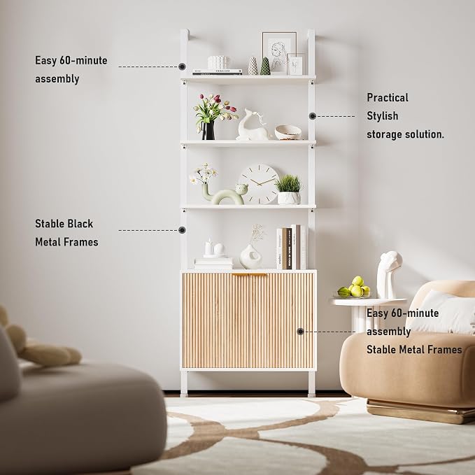 INNOD 74" Tall Bookshelf with Storage Cabinet, Modern Ladder Shelf with Wood and Metal Frame, Wall Mount Bookcase Open Display Shelf Furniture for Living Room, Bedroom, Home Office, White and Oak