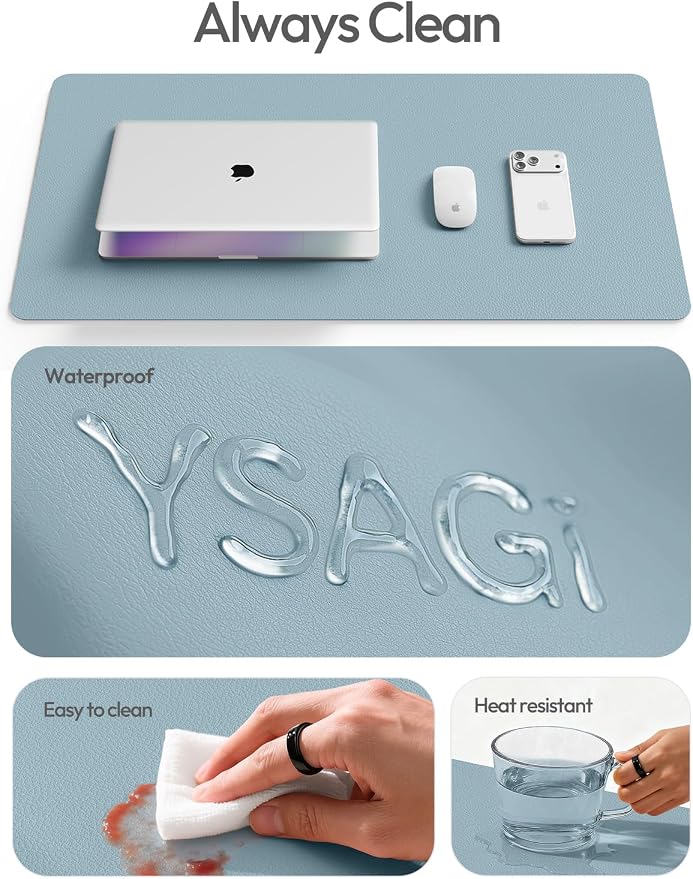 YSAGi Leather Desk Protector, Office Mat, Large Mouse Mat, Non-Slip PU Leather Blotter, Laptop Desk Mat, Waterproof Writing Pad for Office and Home(Ice Blue, 42" x 17.2")